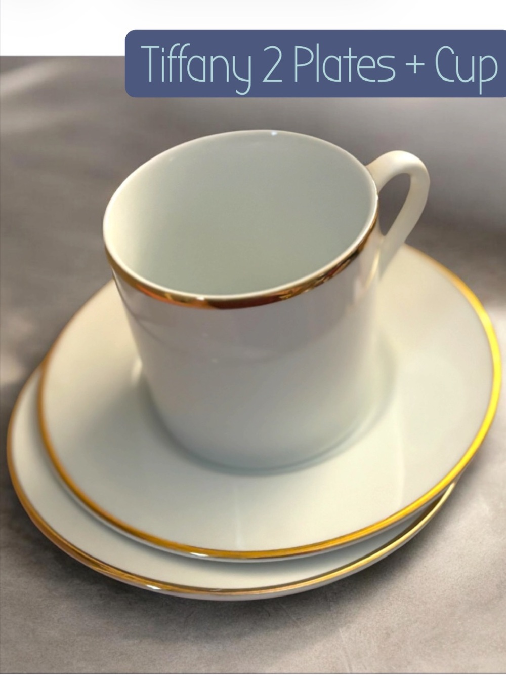 Tiffany & Co. set. 2 plates, and 1 cup - cream/white with gold rim - Picture 1 of 4